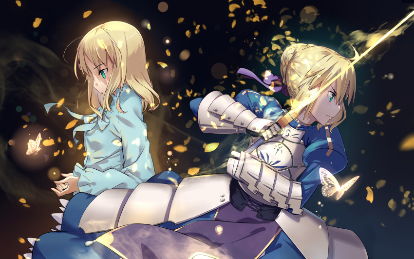 2girls absurdres armor armored_dress artoria_pendragon_(all) blonde_hair blue_dress blue_ribbon blue_shirt butterfly dress excalibur fate/stay_night fate_(series) green_eyes hair_between_eyes hair_ribbon highres holding holding_sword holding_weapon multiple_girls neck_ribbon ribbon saber shirt short_hair sword virtu.al weapon