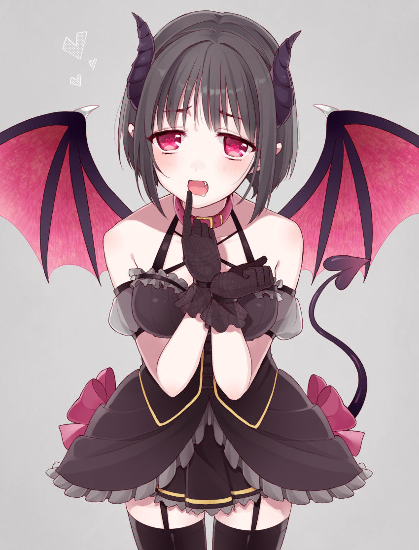 1girl :d bangs bare_shoulders black_dress black_hair black_legwear black_skirt blush bow breasts chisumi collar commentary cowboy_shot demon_girl demon_horns demon_tail demon_wings dress drooling eyebrows_visible_through_hair fang finger_to_mouth frilled_dress frills garter_straps grey_background halterneck head_tilt heart heart-shaped_pupils highres horns looking_at_viewer medium_breasts open_mouth original pink_bow pleated_skirt puffy_short_sleeves puffy_sleeves red_collar red_eyes short_hair short_sleeves simple_background skirt smile solo standing symbol-shaped_pupils tail thigh-highs wings