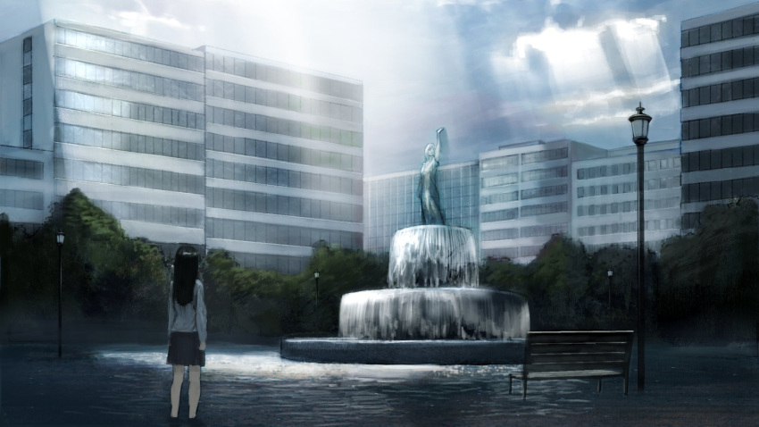1girl bench black_hair black_skirt building city clouds cloudy_sky commentary_request fountain from_behind highres lamppost long_hair long_sleeves outdoors overcast park pleated_skirt scenery shirt shoes skirt sky solo standing statue sunlight tree wasabi60 white_shirt