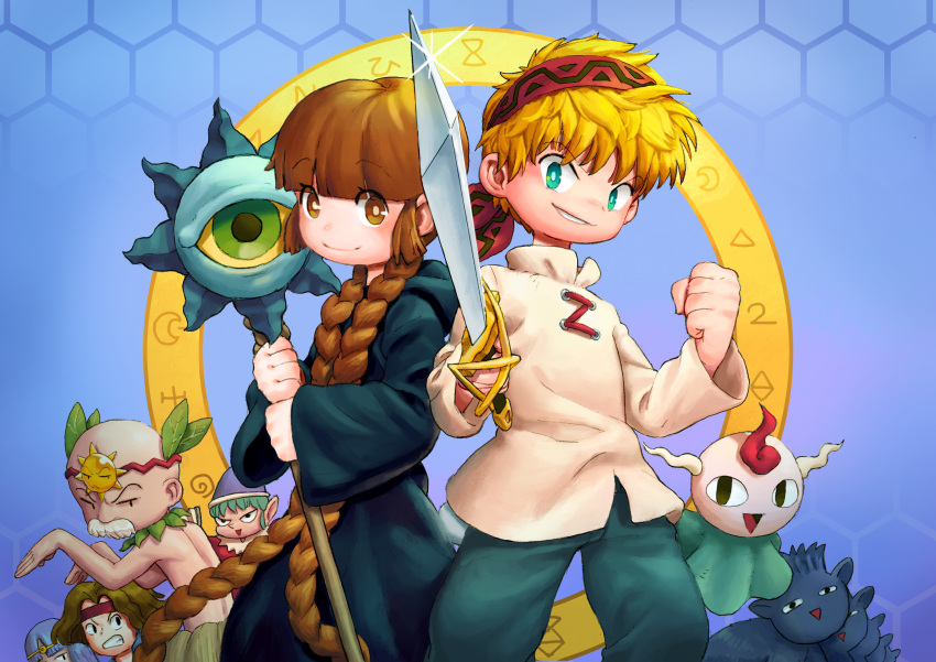 2girls 3boys :d absurdres bald bandanna bari_(hangu-geo) black_robes blonde_hair blue_hair braid brown_eyes brown_hair character_request circlet dancing facial_hair gipple headband highres holding holding_staff holding_sword holding_weapon kita_kita_oyaji kukuri long_hair magic_circle mahoujin_guruguru mechanical_pencil multiple_boys multiple_girls mustache nike_(mahoujin_guruguru) old_man open_mouth pencil smile staff standing sun_hair_ornament sword very_long_hair weapon