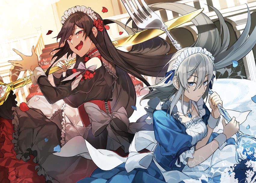 2girls :d black_bow black_hair blue_eyes blue_ribbon bow corset dress fork frilled_dress frills hair_ribbon indoors knife long_hair looking_at_viewer maid multiple_girls open_mouth original petals red_choker red_eyes ribbon sando_(310_sand) silver_hair smile stairs wrist_cuffs