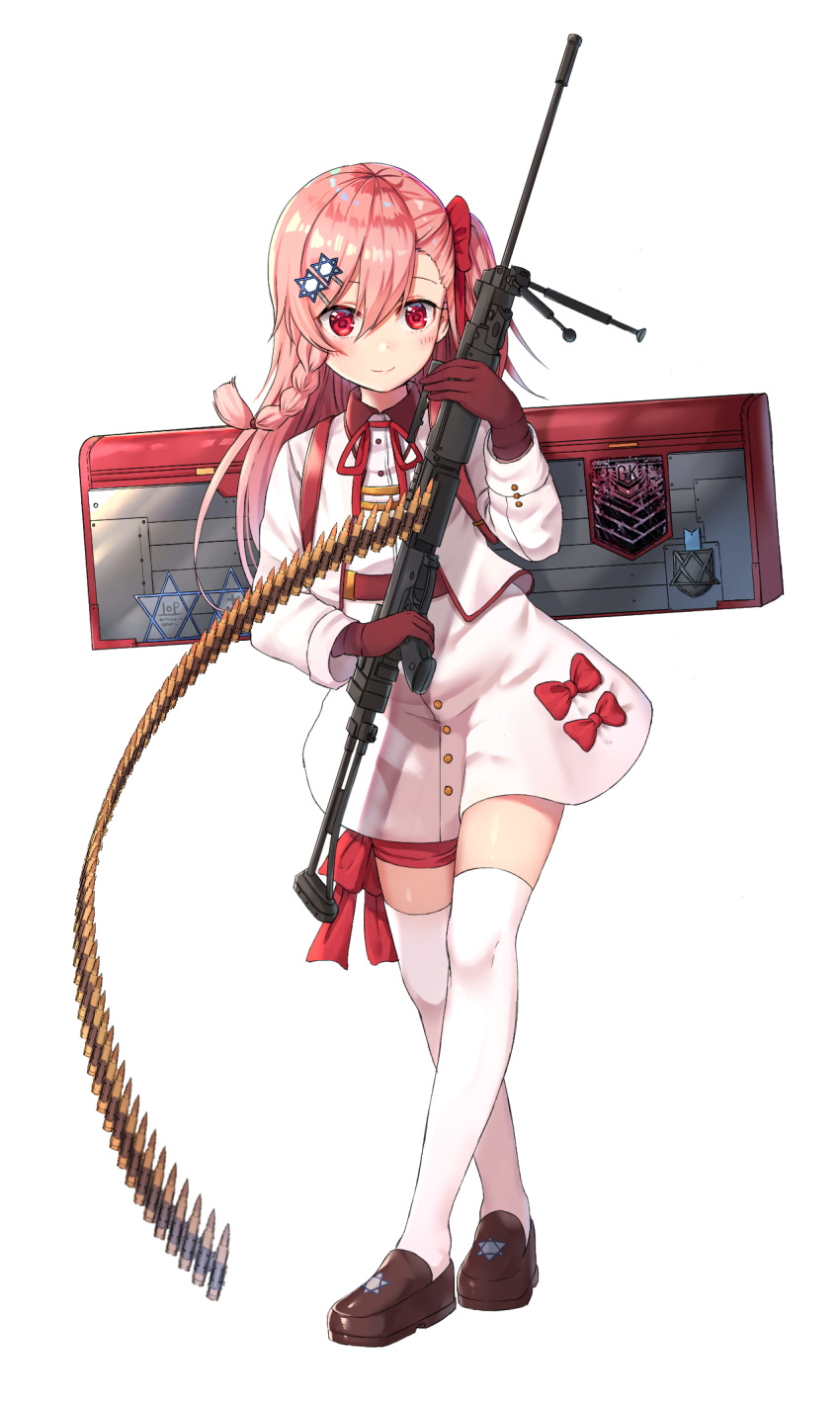 1girl ammunition_belt asymmetrical_bangs bangs bipod blush bow braid brown_footwear brown_gloves closed_mouth cropped_jacket dress emblem eyebrows_visible_through_hair full_body girls_frontline gloves gun hair_between_eyes hair_ornament hair_ribbon hairclip hexagram highres imi_negev loafers long_hair looking_at_viewer machine_gun negev_(girls_frontline) one_side_up rangen red_bow red_ribbon ribbon shoes short_dress short_hair_with_long_locks side_braid simple_background smile solo star_of_david thigh-highs thigh_ribbon tsurime weapon white_background white_dress white_legwear zettai_ryouiki