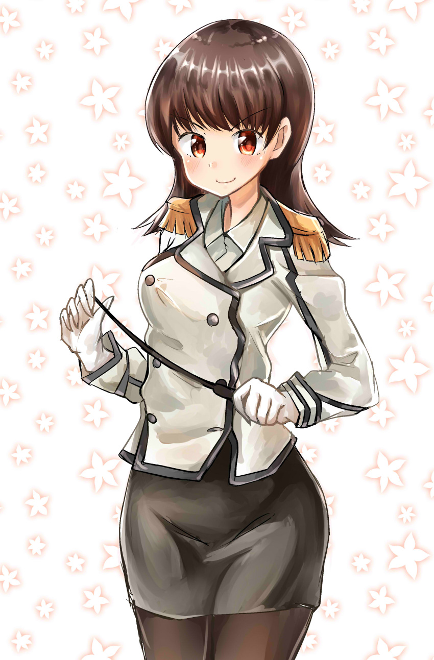 1girl absurdres alternate_costume black_legwear black_skirt blush breasts brown_hair collared_shirt commentary cosplay epaulettes gloves highres holding_pointer kantai_collection katori_(kantai_collection) katori_(kantai_collection)_(cosplay) kazu_(really_in_hot_water_now) long_hair looking_at_viewer medium_breasts military military_uniform ooi_(kantai_collection) pantyhose pointer red_eyes shirt skirt smile solo standing uniform white_gloves