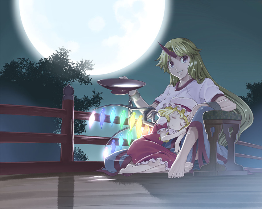 2girls barefoot blonde_hair breasts closed_eyes commentary_request cup dress flandre_scarlet full_moon hat horn hoshiguma_yuugi large_breasts leaning_on_person long_hair mizuki_hitoshi mob_cap moon multiple_girls night night_sky railing sakazuki shirt short_hair sidelocks sitting skirt sky sleeping smile t-shirt touhou tree wings yellow_eyes