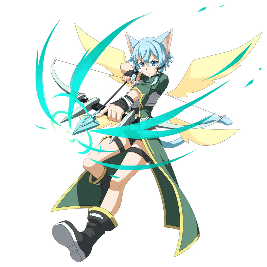 1girl animal_ears arrow black_footwear blue_eyes blue_hair boots bow_(weapon) cat_ears hair_ribbon highres official_art ribbon shinon_(sao-alo) short_hair solo sword_art_online sword_art_online:_memory_defrag thigh_strap transparent_background tress_ribbon weapon wings