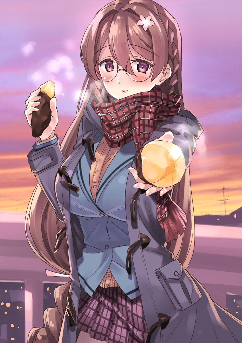 1girl absurdres blush braid breasts checkered checkered_scarf checkered_skirt cowboy_shot duffel_coat flower food glasses gotou_masaki hair_between_eyes hair_flower hair_ornament highres holding holding_food large_breasts long_hair looking_at_viewer low-tied_long_hair mone-san_no_majime_sugiru_tsukiaikata outdoors purple_hair purple_skirt rimless_glasses scarf school_uniform skirt smile solo sweet_potato twin_braids very_long_hair yozakura_momone