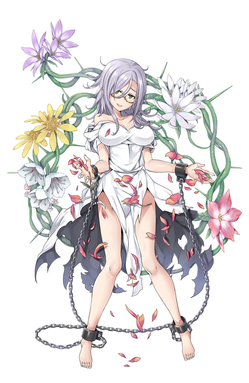 #17 1girl barefoot breasts chained chains dress flower full_body glasses hand_up highres large_breasts long_hair looking_at_viewer official_art petals princess_principal princess_principal_game_of_mission purple_hair smile solo standing torn_clothes torn_dress white_dress yellow_eyes