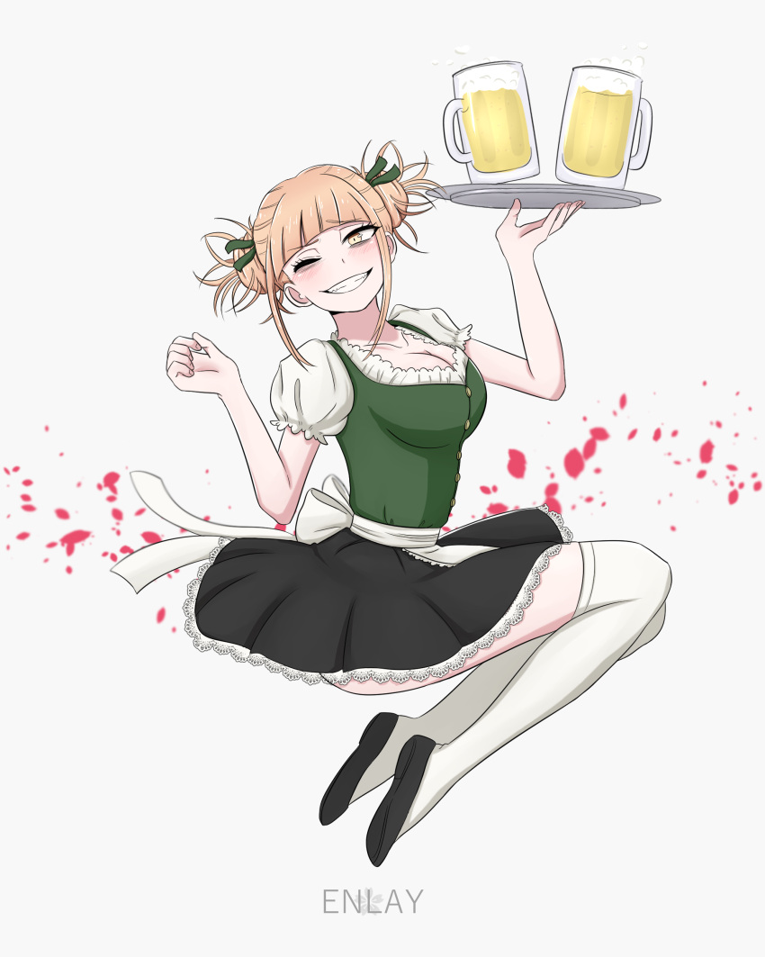 1girl ;d absurdres alcohol artist_name bangs beer beer_mug blonde_hair blunt_bangs blush boku_no_hero_academia bow breasts cleavage double_bun dress enlay full_body hair_bun highres looking_at_viewer medium_breasts oktoberfest one_eye_closed open_mouth puffy_short_sleeves puffy_sleeves short_sleeves simple_background smile solo teeth thigh-highs toga_himiko white_background white_bow yellow_eyes