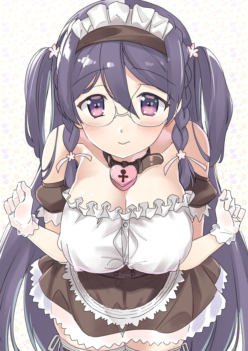 1girl absurdres alternate_costume apron bare_shoulders breasts cleavage enmaided glasses gloves gotou_masaki highres large_breasts long_hair looking_at_viewer maid maid_apron maid_headdress mone-san_no_majime_sugiru_tsukiaikata purple_hair rimless_glasses simple_background sleeveless smile solo upper_body very_long_hair violet_eyes white_background white_gloves yozakura_momone