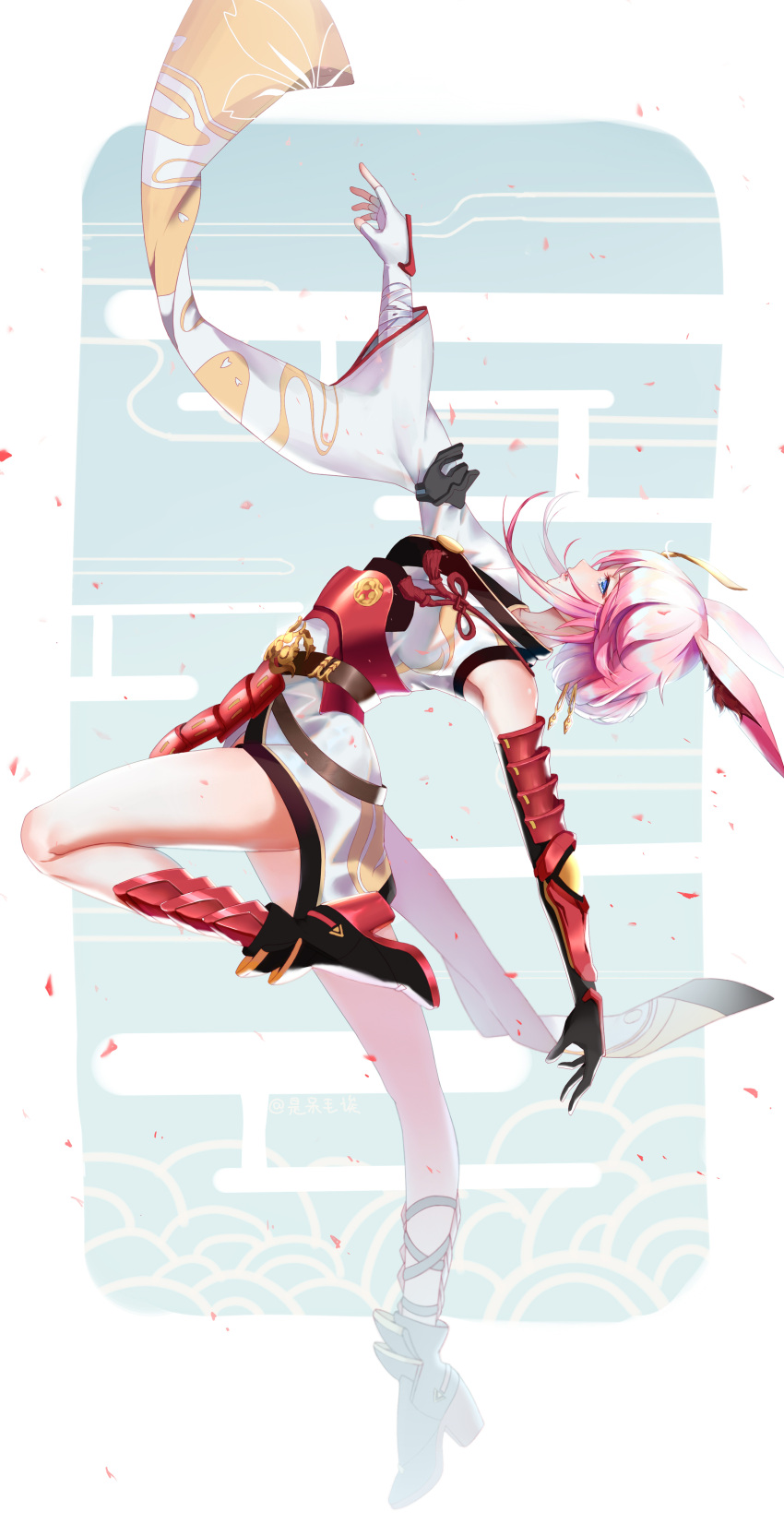 1girl absurdres animal_ears armor armored_boots armored_dress armpits asymmetrical_gloves bangs benghuai_xueyuan blue_eyes boots commentary_request dymao eyebrows_visible_through_hair fingerless_gloves full_body gloves hair_between_eyes hand_up highres honkai_impact open_mouth pink_hair rabbit_ears solo standing standing_on_one_leg tears yae_sakura_(benghuai_xueyuan)