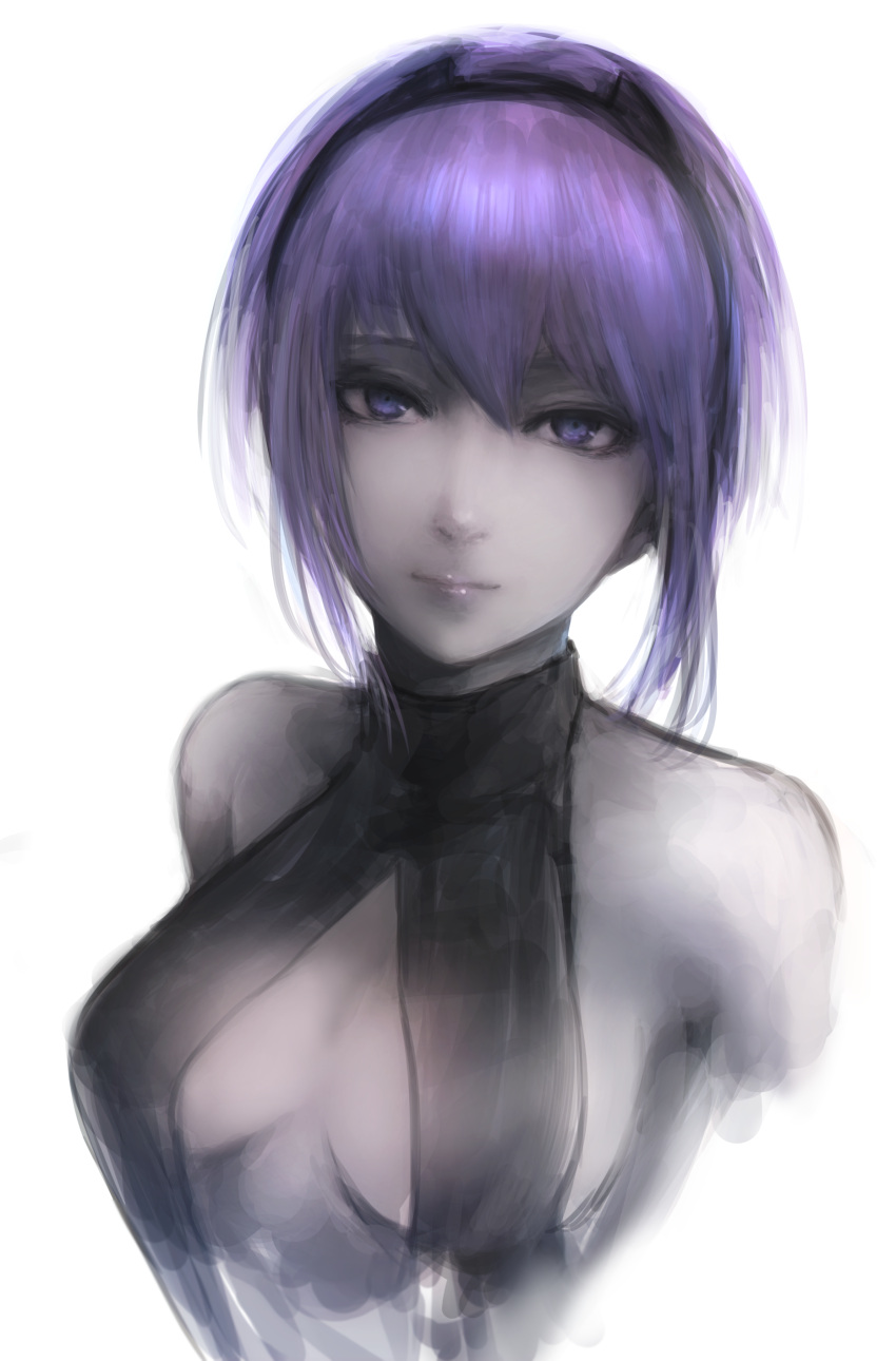1girl absurdres assassin_(fate/prototype_fragments) bare_shoulders breasts cleavage dark_skin fate/prototype fate/prototype:_fragments_of_blue_and_silver fate_(series) highres hometa looking_at_viewer purple_hair revealing_clothes short_hair simple_background sketch smile solo violet_eyes white_background
