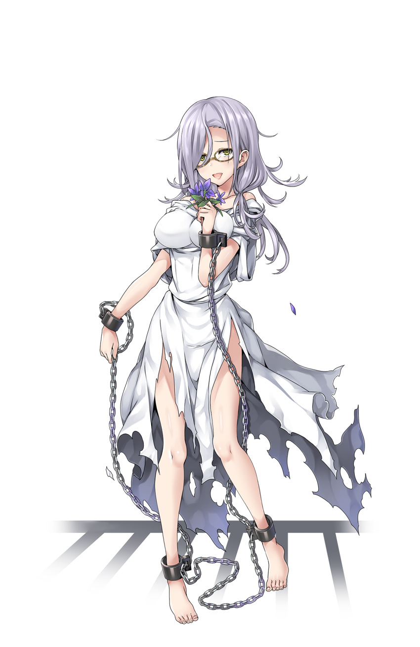 #17 1girl barefoot breasts chained chains dress flower full_body glasses hand_up highres large_breasts long_hair looking_at_viewer official_art princess_principal princess_principal_game_of_mission purple_hair solo standing torn_clothes torn_dress white_dress yellow_eyes