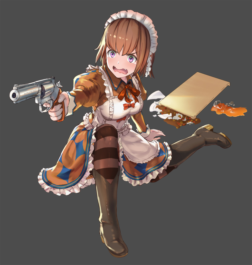 :o apron black_footwear boots broken_glass broken_plate brown_hair glass gun handgun highres holding holding_gun holding_weapon looking_at_viewer loolook maid maid_apron original python_357 sitting standing striped striped_legwear violet_eyes wavy_mouth weapon