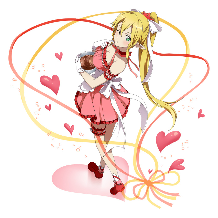 1girl blonde_hair bow bowl breasts cleavage green_eyes hair_bow highres large_breasts leafa long_hair official_art one_eye_closed pointy_ears ponytail red_shoes shoes sword_art_online sword_art_online:_memory_defrag transparent_background white_bow