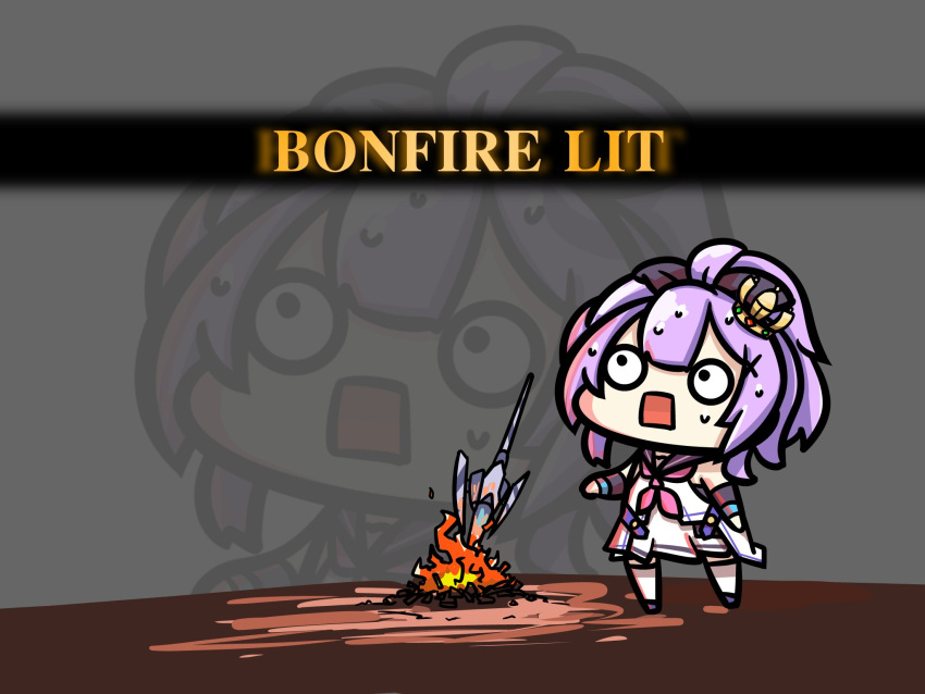 1girl azur_lane bonfire chibi commentary_request crown dark_souls full_body gameplay_mechanics grey_background highres javelin_(azur_lane) kagami_(kagamina) mini_crown neckerchief o_o parody pink_neckwear purple_hair solo souls_(from_software) square_mouth standing sweat zoom_layer