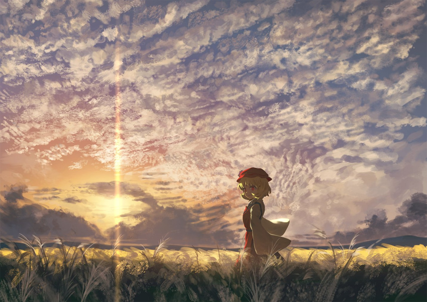 aki_minoriko autumn berabou blonde_hair clouds cloudy_sky dress food fruit grapes hat looking_to_the_side puffy_sleeves red_eyes red_hat short_hair sky sunset touhou wind