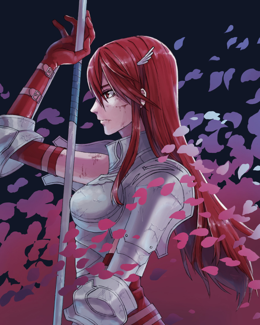1girl absurdres armor black_background blood blood_on_face breastplate cherry_blossoms cuts elbow_gloves expressionless fire_emblem fire_emblem:_kakusei gloves hair_between_eyes highres injury kawasemi_(bw_77) lance long_hair petals polearm profile red_eyes red_gloves redhead sidelocks solo cordelia_(fire_emblem) upper_body weapon wing_hair_ornament