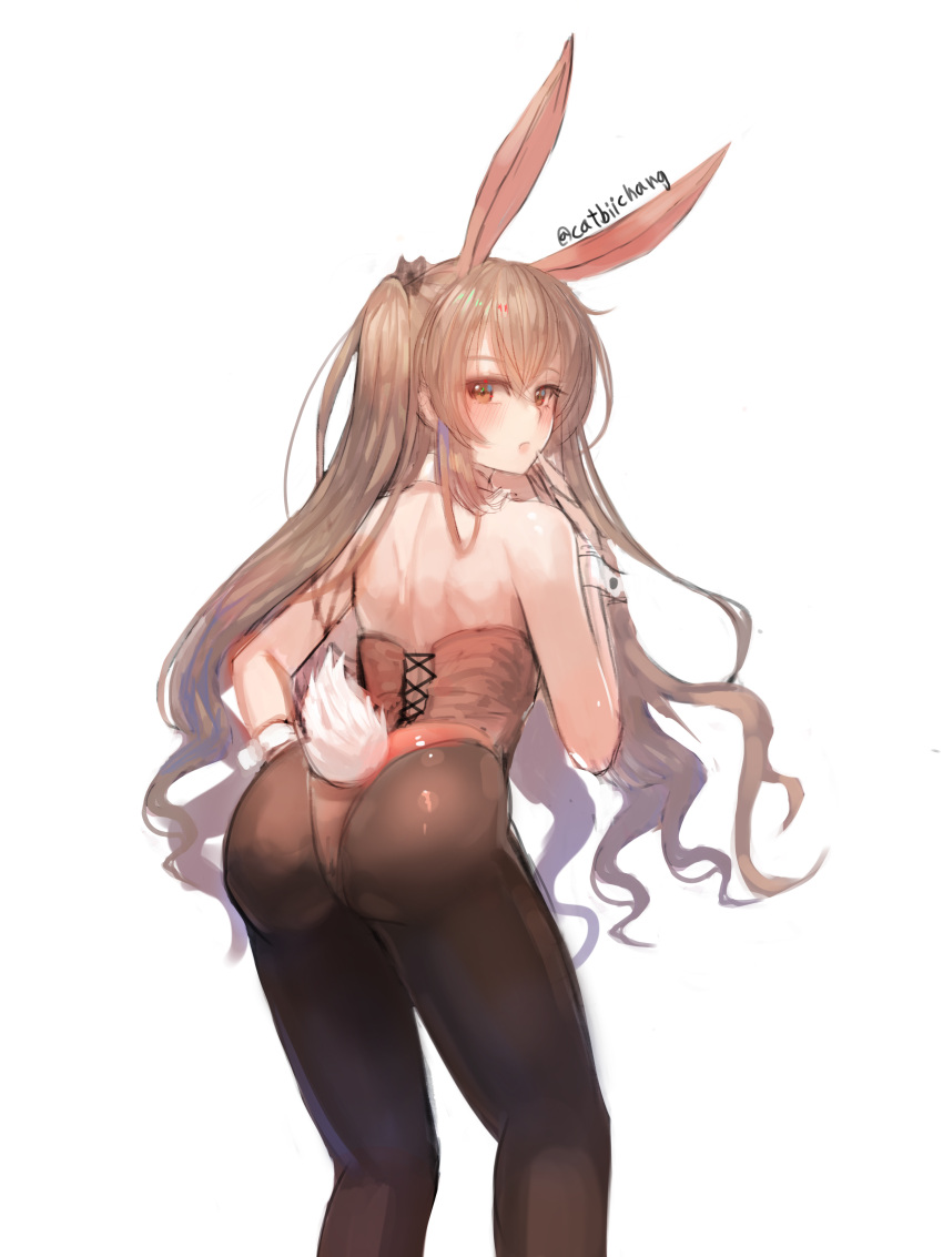 1girl :o absurdres animal_ears ass black_bow black_legwear blush bow brown_eyes brown_hair bunny_girl bunny_tail bunnysuit eyebrows_visible_through_hair from_behind girls_frontline hair_between_eyes hair_bow hand_to_own_mouth highres leotard looking_back open_mouth panties rabbit_ears red_leotard solo tail twitter_username two_side_up ump45_(girls_frontline) underwear white_background wrist_cuffs zonekiller10