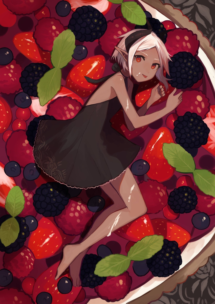 1girl bare_shoulders barefoot berry black_dress blackberry_(fruit) blueberry commentary currant dark_skin dress food from_above fruit halterneck highres horns in_food leaf looking_at_viewer minigirl original pastry pointy_ears raspberry red_eyes shiba_inu_(happy13227) short_hair solo strawberry tart_(food) white_hair