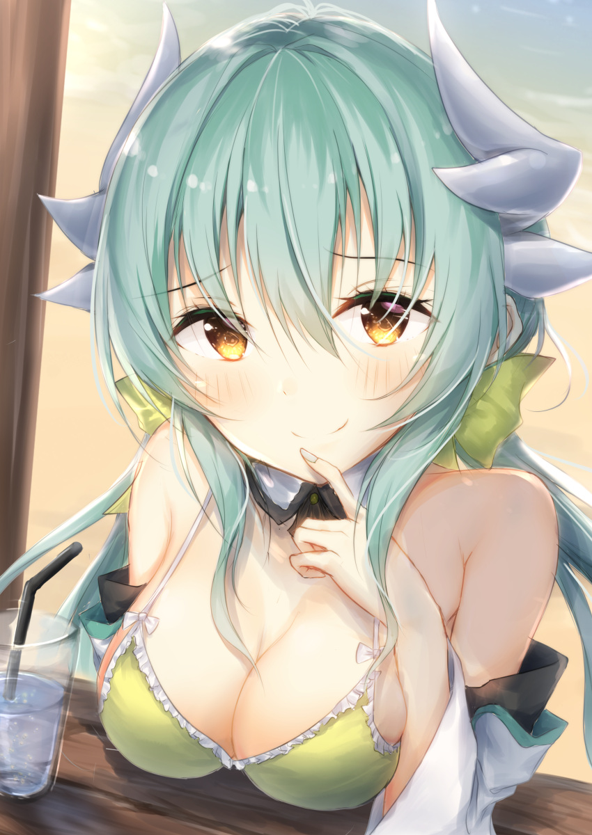 1girl absurdres bangs beach bendy_straw bikini blush bow breasts brown_eyes cleavage closed_mouth commentary_request cup curled_horns day detached_sleeves dragon_horns drink drinking_glass drinking_straw eyebrows_visible_through_hair fate/grand_order fate_(series) fingernails green_bow green_hair hair_between_eyes hair_bow hand_up heart heart-shaped_pupils highres horns kiyohime_(fate/grand_order) long_hair long_sleeves medium_breasts outdoors sand smile solo swimsuit symbol-shaped_pupils uzuki_tsukuyo very_long_hair white_bow wide_sleeves yellow_bikini