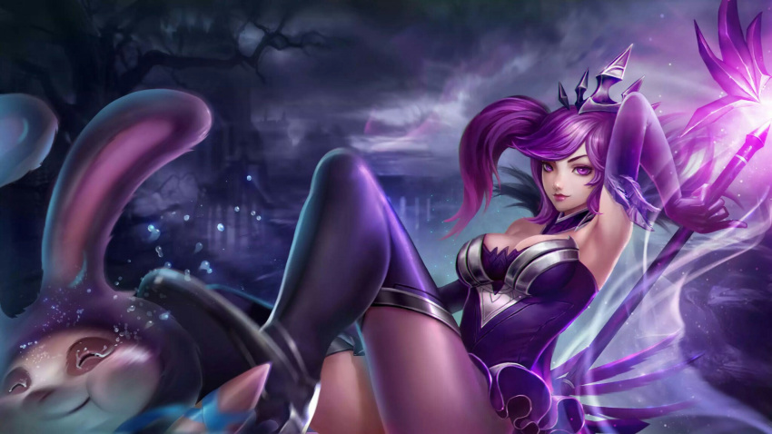 1girl armpits artist_request breasts cleavage cottontail_teemo crown dark_elementalist_lux dress elementalist_lux highres league_of_legends luxanna_crownguard medium_breasts purple_dress purple_hair side_ponytail tagme teemo thigh-highs violet_eyes