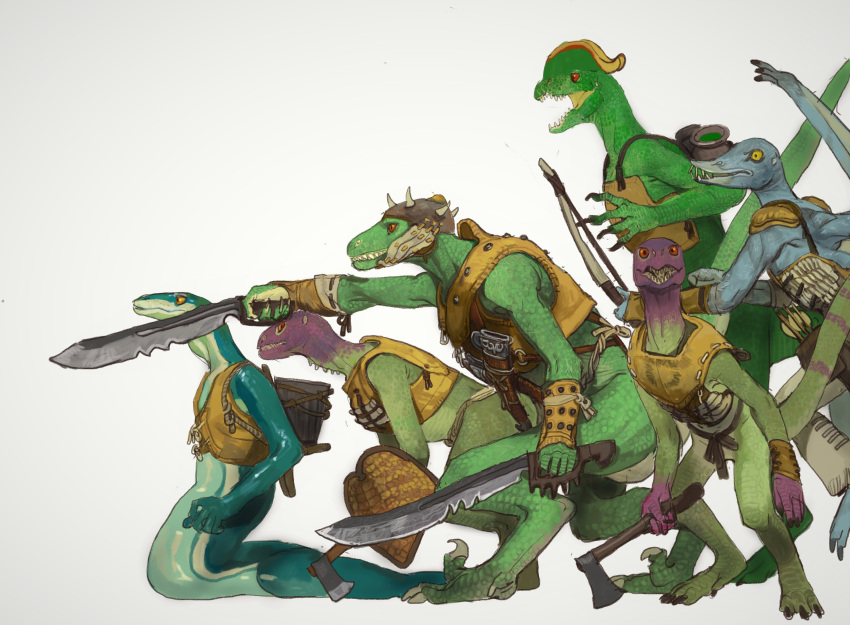 armor axe blue_skin bow_(weapon) colored_skin copyright_request from_side furry green_skin hatchet_(axe) highres holding holding_axe holding_shield holding_sword holding_weapon looking_at_viewer monster mossacannibalis no_humans profile reptile_boy scales shield simple_background sword weapon white_background