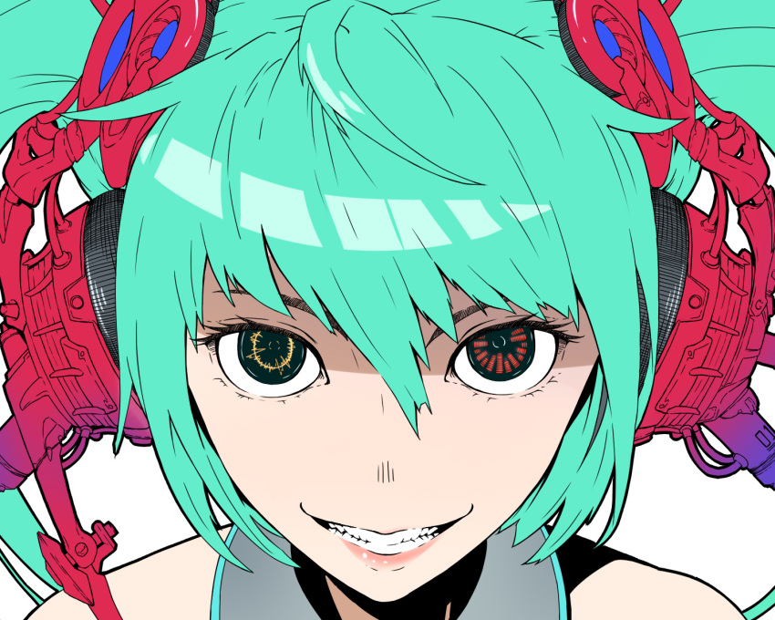 1girl breasts close-up colored commentary_request face green_hair grin hair_between_eyes hatsune_miku headphones heterochromia highres jaco long_hair looking_at_viewer medium_breasts pink_lips simple_background smile solo twintails vocaloid white_background