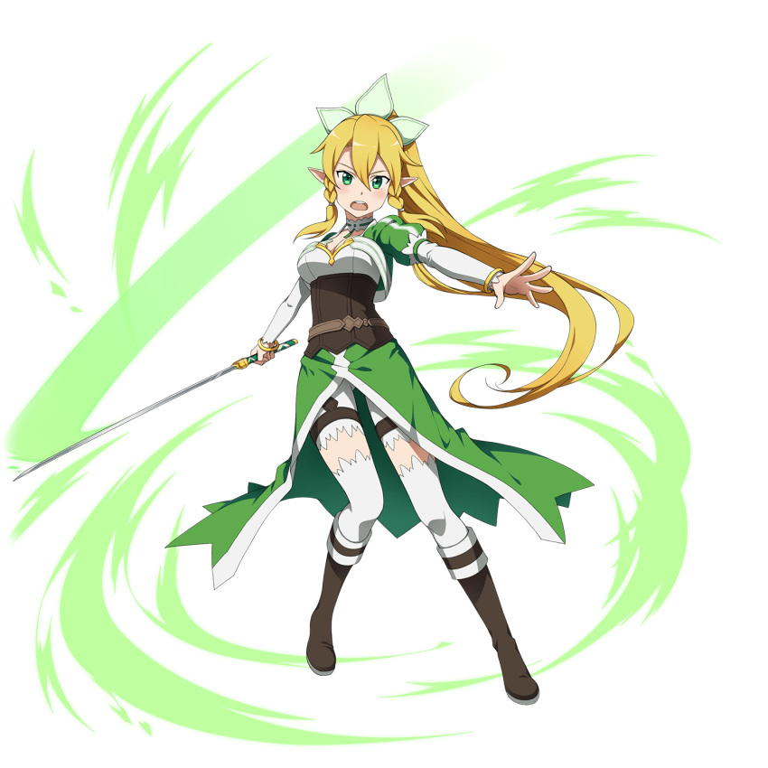 1girl blonde_hair boots braid brown_footwear green_eyes highres leafa long_hair official_art open_mouth pointy_ears ponytail sword sword_art_online sword_art_online:_memory_defrag thigh-highs transparent_background twin_braids weapon