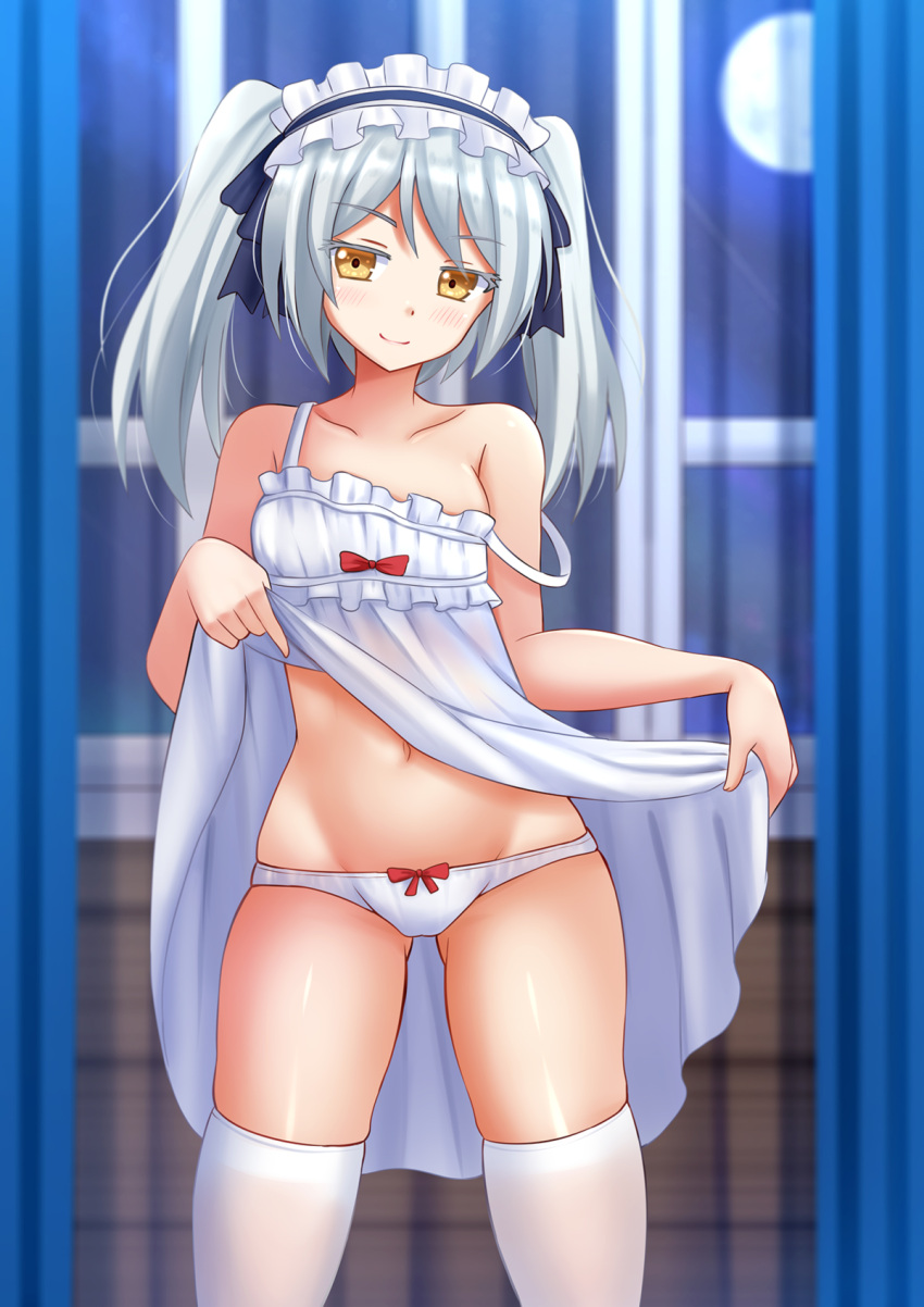 1girl bangs bare_arms bare_shoulders blush bow bow_panties breasts closed_mouth collarbone cowboy_shot curtains dress dress_lift frills full_moon head_tilt highres indoors isekai_wa_smartphone_to_tomo_ni. kazenokaze lean_(isekai_wa_smartphone_to_tomo_ni.) legs_apart lifted_by_self lips long_hair looking_at_viewer maid_headdress moon navel night panties red_bow shiny shiny_skin silver_hair skindentation small_breasts smile solo strap_slip sundress thigh-highs twintails underwear white_dress white_legwear white_panties yellow_eyes