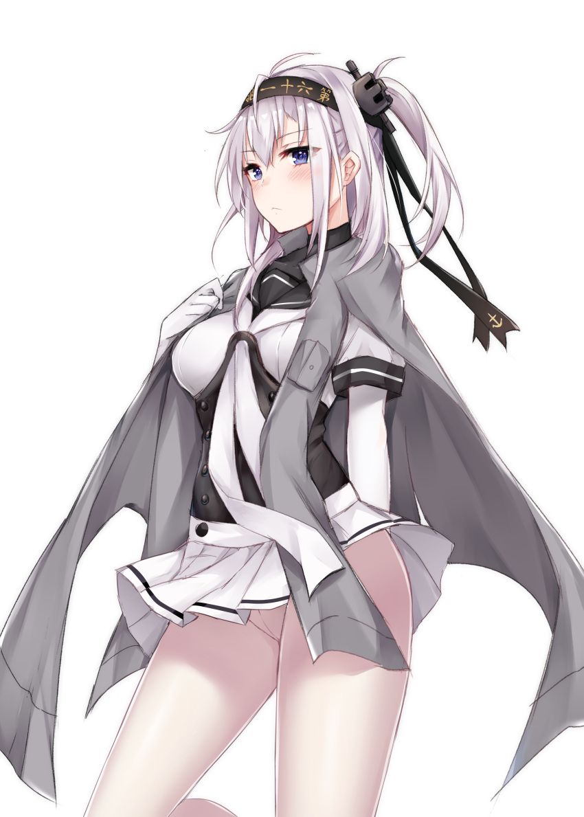 10s 1girl :&lt; absurdres arm_behind_back blue_eyes breasts coffeedog contrapposto crotch_seam elbow_gloves facing_away gloves hair_ornament hand_on_own_chest headband highres kantai_collection large_breasts medium_hair miniskirt one_side_up pantyhose pleated_skirt sailor_collar sidelocks simple_background skirt solo suzutsuki_(kantai_collection) turtleneck underbust white_background white_gloves white_hair white_legwear