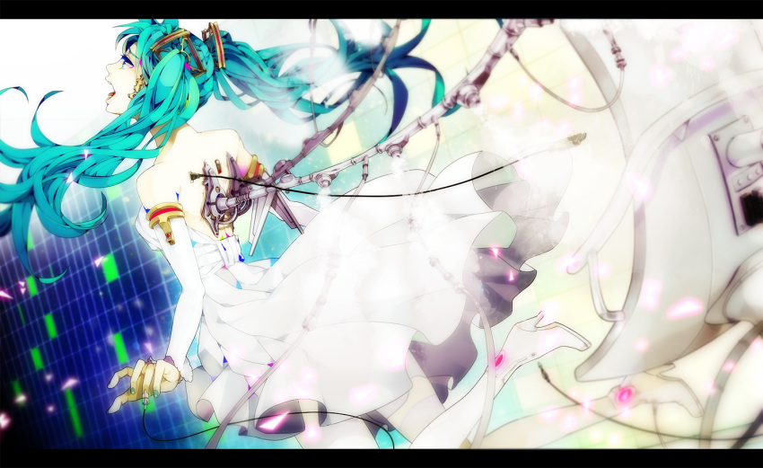 aqua_hair blurry boots depth_of_field foreshortening from_behind hatsune_miku high_heels letterboxed long_hair mechanical_wings nail_polish open_mouth profile screen shoes singing twintails vocaloid white_legwear wings