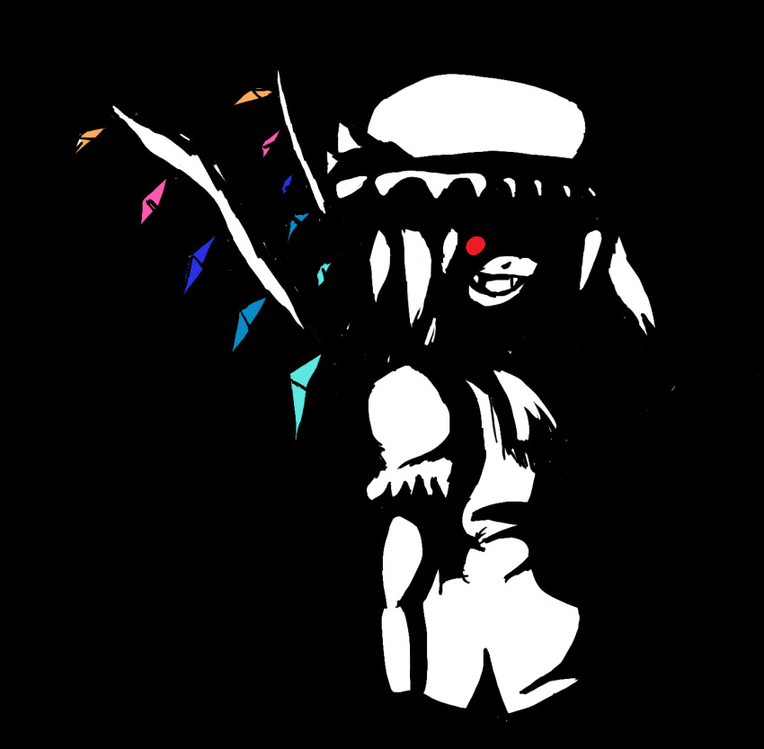 darkness evil_eyes evil_face evil_grin evil_look fangs flandre_scarlet glowing glowing_eyes hat highres monochrome perfectly_sane red_eyes spot_color touhou wings