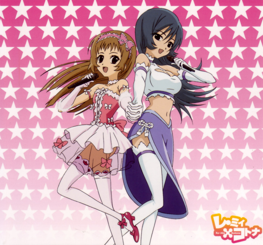 :d age_difference armband back-to-back bangs bare_shoulders black_eyes blue_hair bow breasts brown_eyes brown_hair choker cleavage cleavage_cutout crop_top elbow_gloves flat_chest frills fur_trim gloves gradient hairband high_heels highres holding_hands idol kotona_elegance leg_lift long_hair microphone midriff multiple_girls navel official_art open_mouth pleated_skirt re_mii red_eyes sakai_kyuuta scan see-through shoes side_slit skirt smile standing standing_on_one_leg star stars thighhighs turtleneck white_gloves white_legwear zettai_ryouiki zoids zoids_genesis