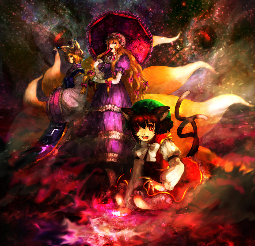 blonde_hair bow bowtie brown_hair cat_ears cat_tail chen covering_mouth dress elbow_gloves fan fangs fingernails folding_fan fox_tail gloves glowing hair_bow hands_in_sleeves hat highres long_fingernails long_hair open_mouth parasol petals purple_dress red_eyes ribbon_choker short_hair slit_pupils squatting standing tail touhou umbrella when_you_see_it yakumo_ran yakumo_yukari yuyayuyo