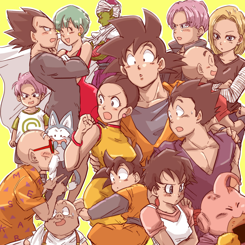 4girls 6+boys android_18 annoyed back_turned bald black_eyes black_hair blonde_hair blue_eyes blue_hair blush bulma cape chi-chi_(dragon_ball) chinese_clothes closed_eyes dougi dragon_ball dragonball_z dress earrings eating expressionless eyebrows_visible_through_hair happy highres jacket jewelry kuririn looking_at_another looking_away majin_buu miiko_(drops7) multiple_boys multiple_girls muten_roushi nervous oolong open_mouth piccolo puar purple_hair shirt short_hair simple_background smile son_gohan son_gokuu son_goten sunglasses sweatdrop trunks_(dragon_ball) turban vegeta videl yellow_background