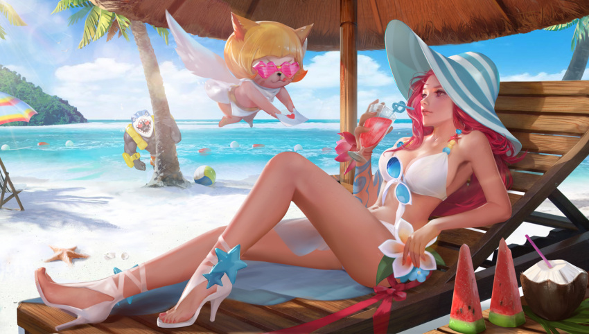 1boy 1girl angel_wings animal_ears ball beach beach_umbrella beachball beads bikini bra breasts brown_eyes cocktail_glass coconut cup deck_chair drink drinking_glass flower foam food fruit hat heart high_heels letter lily_(flower) long_hair looking_at_another medium_breasts nail_polish navel outdoors reclining redhead sand starfish sunglasses sunglasses_removed swimsuit tattoo tree umbrella underwear volleyball water watermelon wings yue_yue