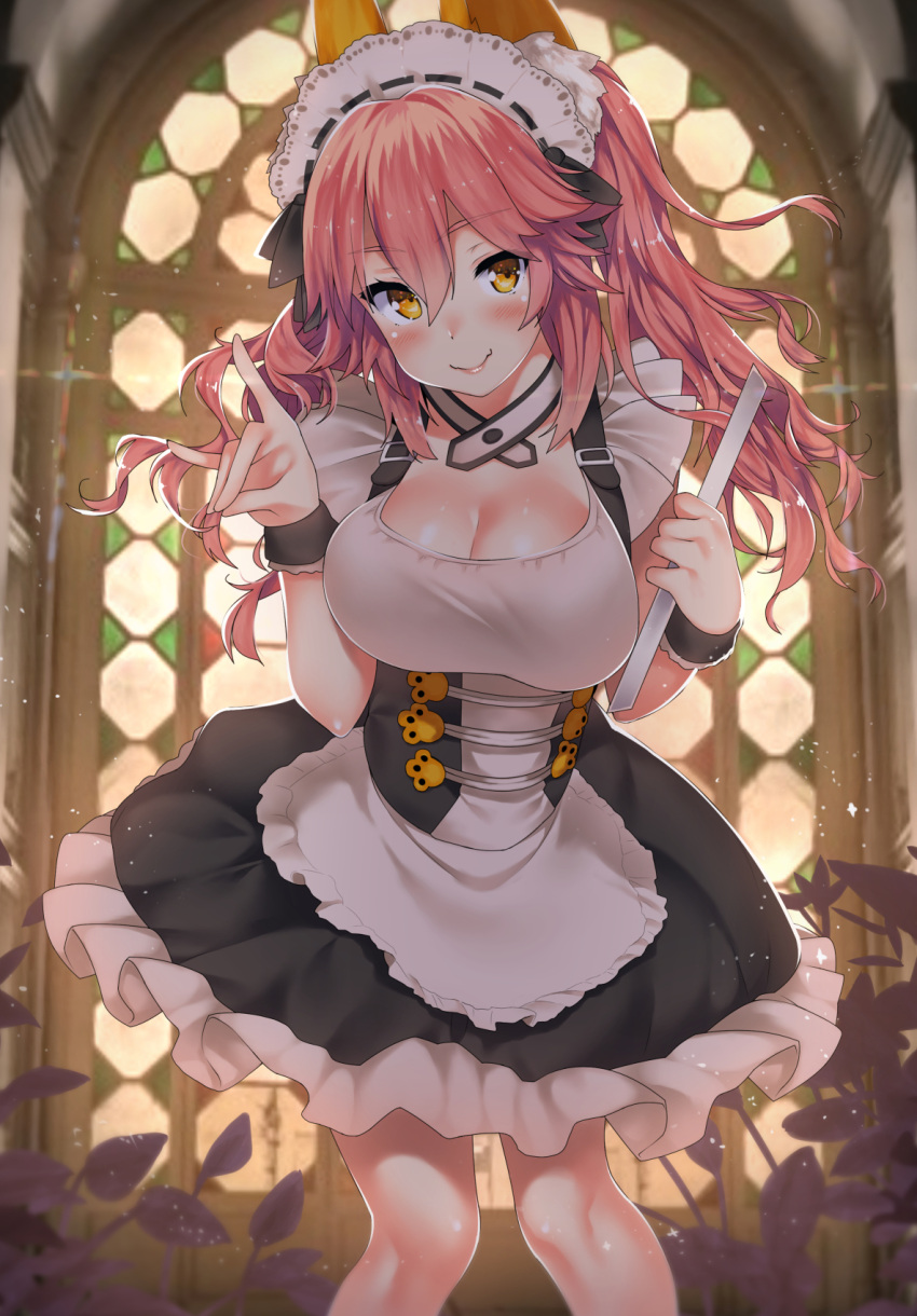 10s 1girl animal_ears black_dress blush breasts cleavage closed_mouth dress fate/extra fate_(series) fox_ears fox_shadow_puppet hands_up highres kawai large_breasts long_hair looking_at_viewer maid maid_headdress pink_hair smile solo tamamo_(fate)_(all) tamamo_no_mae_(fate) tsurime yellow_eyes