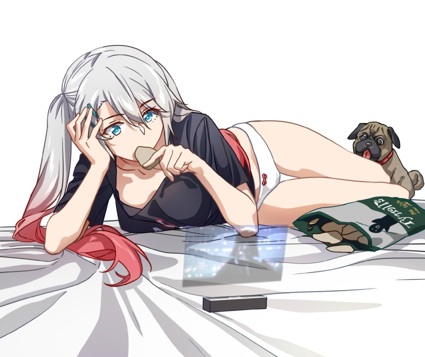 blue_eyes bow bow_panties breasts casual chips dog downblouse eating food girls_frontline gradient_hair hair_between_eyes hair_ornament hairclip highres holographic_monitor long_hair lwmmg_(girls_frontline) lying medium_breasts multicolored_hair no_pants on_side panties pink_hair potato_chips pug rff_(3_percent) silver_hair twintails two-tone_hair underwear white_panties