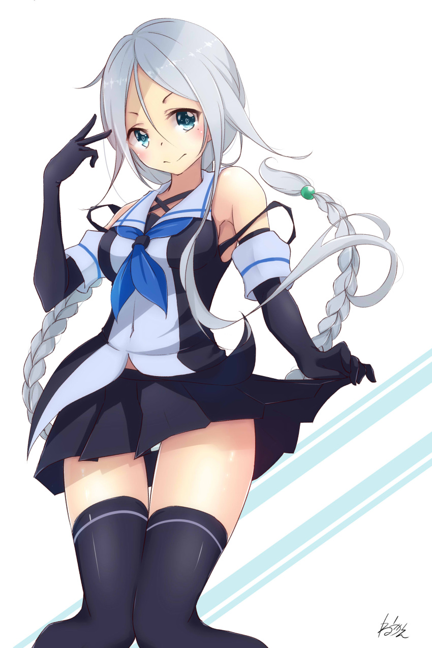 1girl absurdres armpits bangs bare_shoulders black_gloves black_legwear black_skirt blue_eyes blue_neckwear blush braid commentary_request covered_navel elbow_gloves from_below gloves hair_bead hair_between_eyes hand_up heart heart_in_eye highres kantai_collection knees_together_feet_apart lifted_by_self long_hair looking_at_viewer miniskirt mole mole_under_eye neckerchief neve panties pantyshot parted_bangs pleated_skirt shirt short_eyebrows sidelocks signature silver_hair single_braid skirt skirt_lift sleeveless sleeveless_shirt solo strap_slip striped striped_panties symbol_in_eye thigh-highs umikaze_(kantai_collection) underwear v v-shaped_eyebrows very_long_hair wavy_mouth zettai_ryouiki