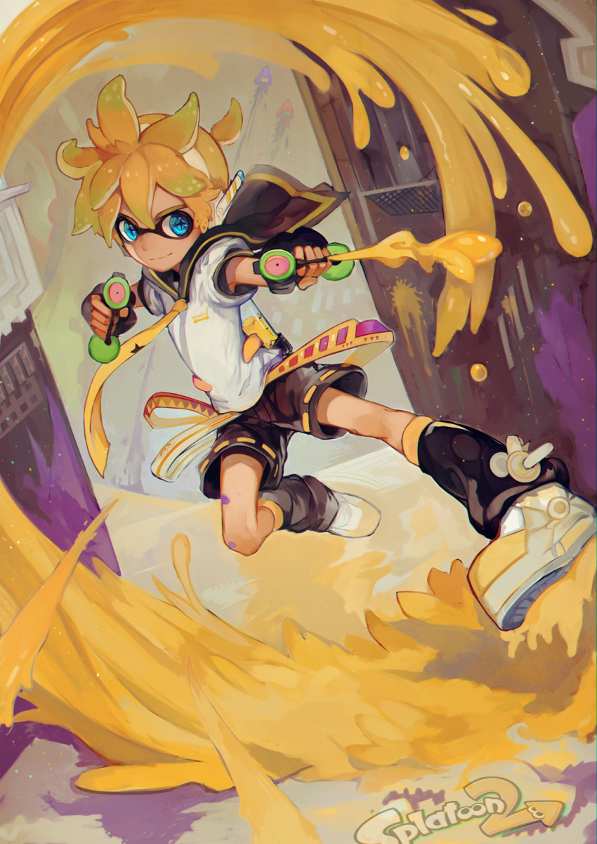1boy adapted_costume aiming_at_viewer bare_arms belt black_shorts blonde_hair blue_eyes building city closed_mouth copyright_name crossover domino_mask dutch_angle full_body fusion gokaku_no_nagareboshi hair_between_eyes headphones highres holding holding_weapon ink inkling kagamine_len leg_warmers logo looking_at_viewer male_focus mask monster_boy multiple_belts necktie outdoors puffy_short_sleeves puffy_sleeves sailor_collar shirt shoes short_ponytail short_sleeves shorts sliding smirk solo spiky_hair splatoon splatoon_2 splatter squid star star-shaped_pupils super_soaker symbol-shaped_pupils tentacle_hair vocaloid weapon weapon_request white_shirt white_shoes yellow_belt yellow_necktie