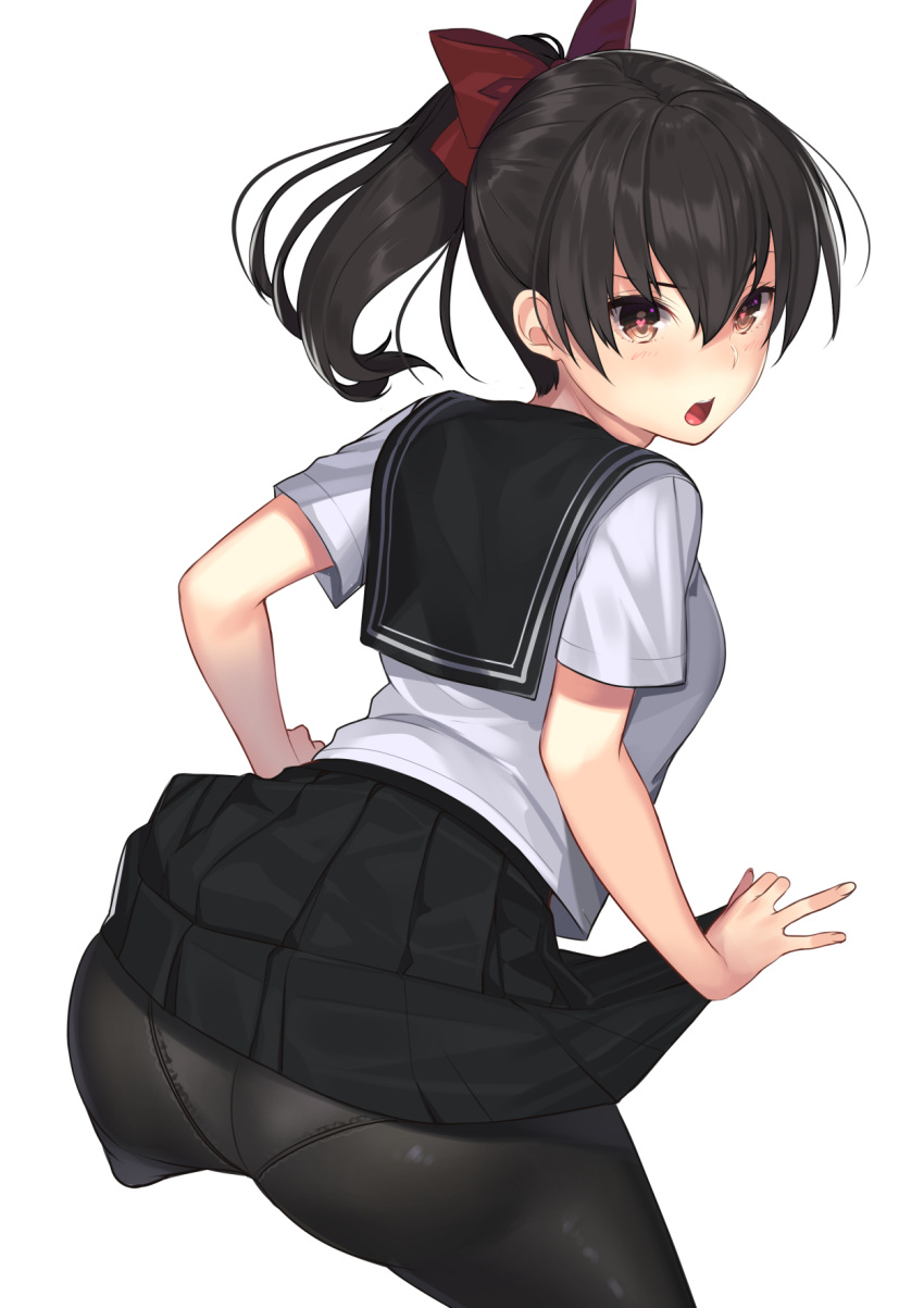 &gt;:o 1girl :o ass bangs black_hair black_legwear black_skirt blouse blush brown_eyes cropped_legs from_behind hair_between_eyes heart heart-shaped_pupils highres kagematsuri long_hair looking_at_viewer open_mouth original pantyhose pleated_skirt ponytail school_uniform serafuku sidelocks simple_background skirt solo symbol-shaped_pupils white_background white_blouse