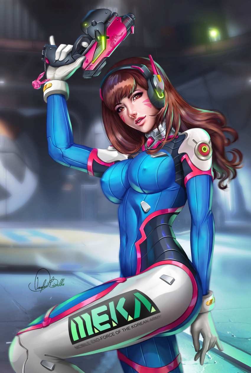 1girl absurdres acronym animal_print arm_at_side arm_up artist_name bangs blue_bodysuit bodysuit breasts brown_eyes brown_hair bunny_print character_name charm_(object) clothes_writing covered_navel cowboy_shot d.va_(overwatch) douglas_bicalho emblem erect_nipples facepaint facial_mark finger_on_trigger gloves gun handgun hangar headphones high_collar highres holding holding_gun holding_weapon indoors lips long_hair looking_at_viewer medium_breasts nose one_leg_raised overwatch parted_lips pilot_suit pink_lips pinky_out pistol ribbed_bodysuit shoulder_pads signature skin_tight solo swept_bangs weapon whisker_markings white_gloves
