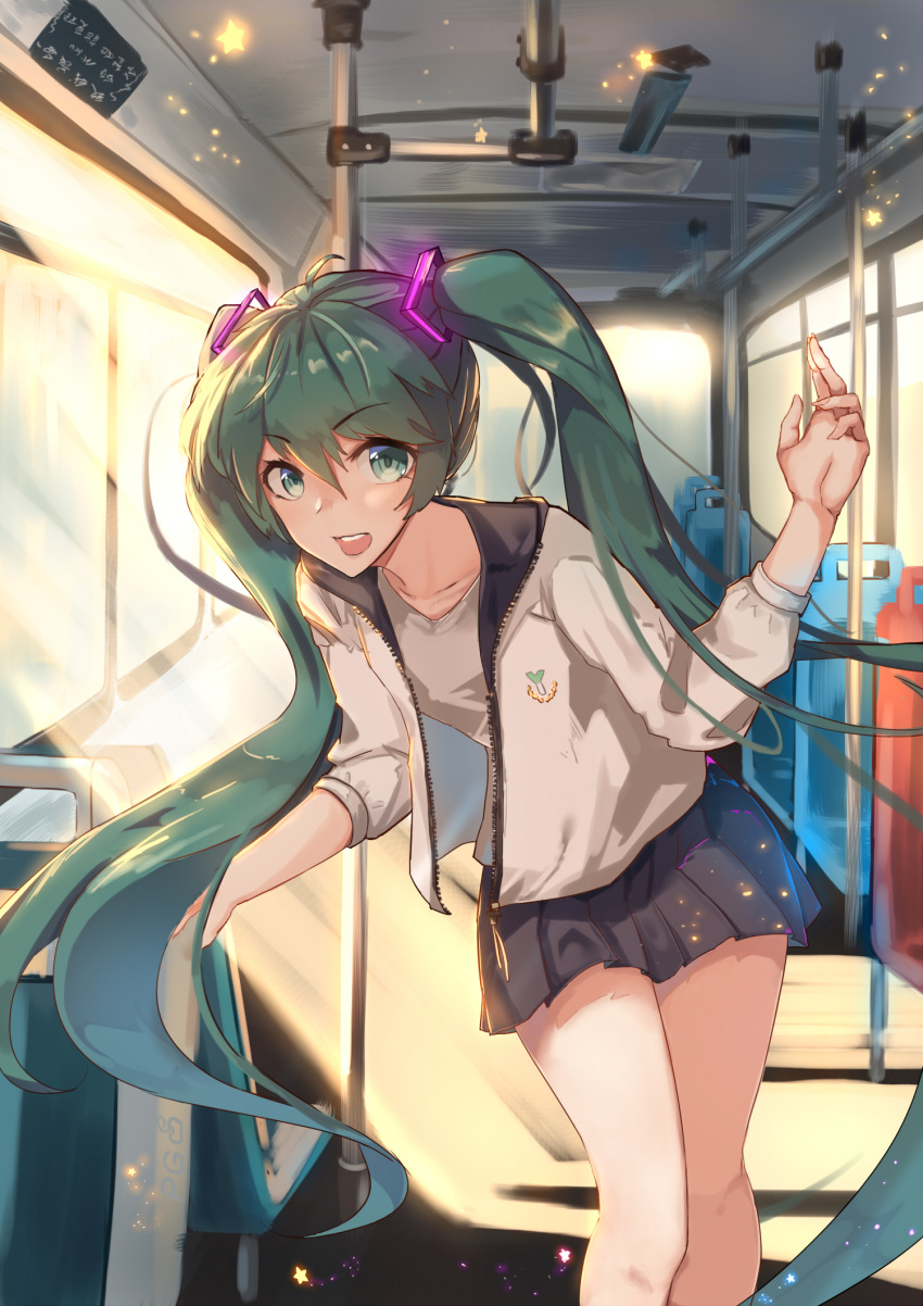 1girl bus_interior green_eyes green_hair hatsune_miku highres light_rays long_hair looking_at_viewer mou_zhi_pingguo open_mouth skirt solo sunbeam sunlight twintails very_long_hair vocaloid