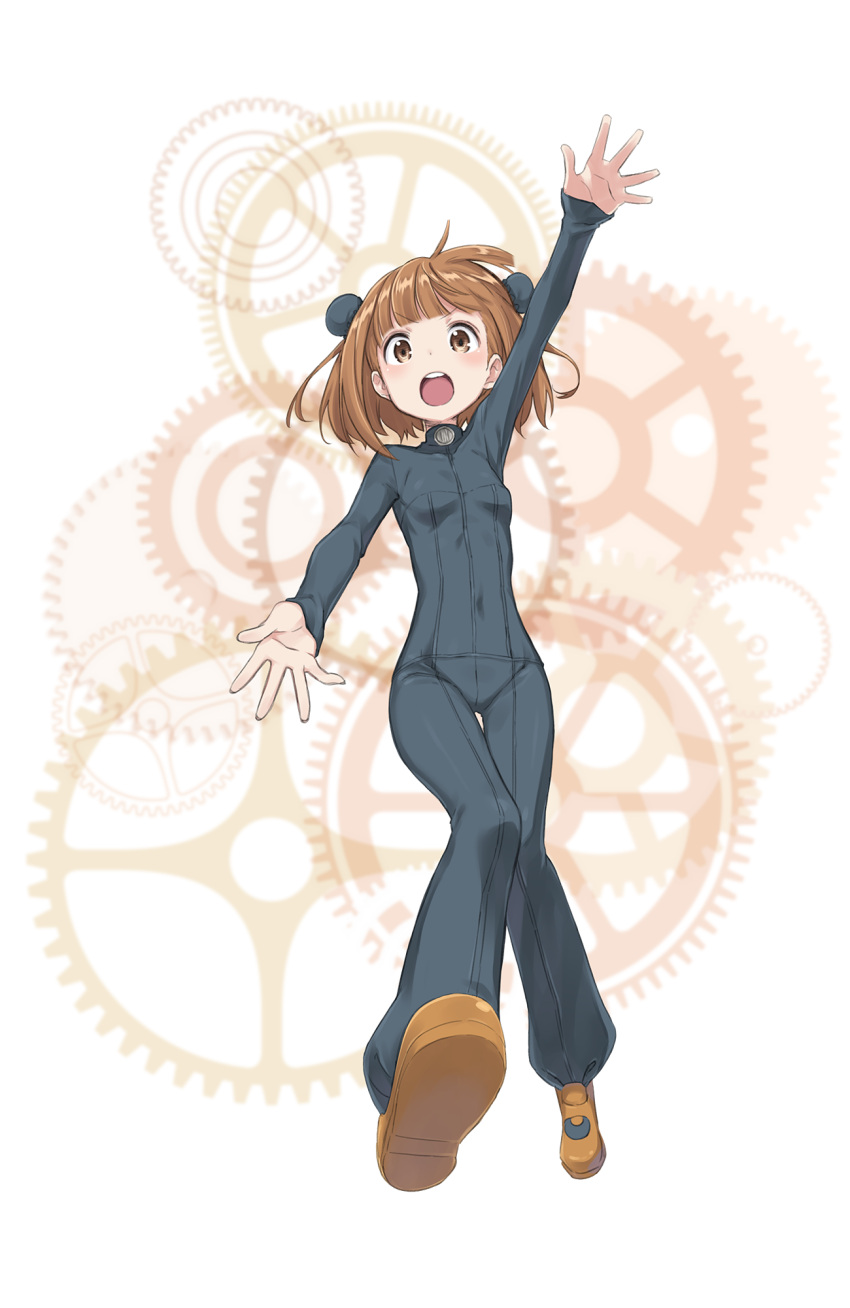 1girl :o beatrice_(princess_principal) bodysuit breasts brown_eyes brown_footwear brown_hair bun_cover covered_navel double_bun full_body gears highres official_art princess_principal princess_principal_game_of_mission shoes short_hair small_breasts solo