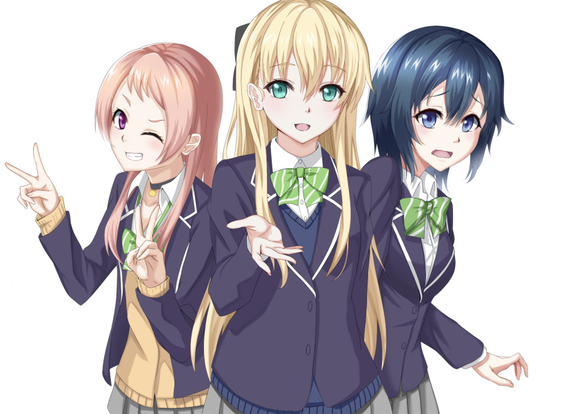 3girls aguri_(gamers!) aqua_eyes blonde_hair blue_eyes blue_hair bow bowtie choker cowboy_shot gamers! green_bow green_bowtie grin hair_bow heikichi highres hoshinomori_chiaki long_hair long_sleeves multiple_girls nervous one_eye_closed open_mouth pink_hair reaching_out school_uniform short_hair smile tendou_karen v vest violet_eyes white_background