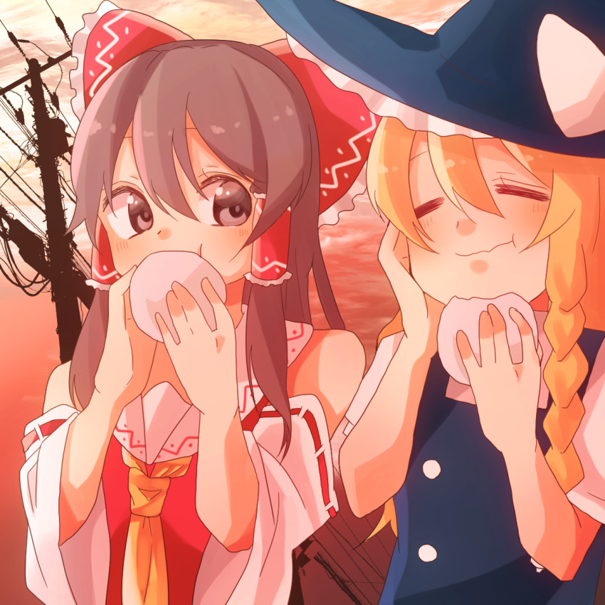 2girls =_= anman ascot baozi bare_shoulders blonde_hair blush brown_hair detached_sleeves eating food hakurei_reimu hat highres kirisame_marisa looking_at_another multiple_girls power_lines sakurato_hinako side-by-side sitting smile touhou vest witch_hat yellow_ascot