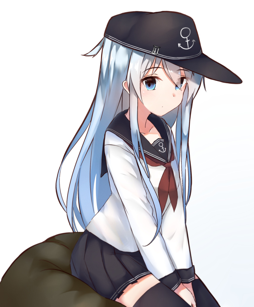 10s 1girl absurdres anchor_print between_legs black_hat black_legwear black_skirt blue_eyes collarbone eyebrows_visible_through_hair flat_cap hair_between_eyes hand_between_legs hat hibiki_(kantai_collection) highres kantai_collection kure_(kure_ng) long_hair miniskirt neckerchief pleated_skirt red_neckerchief school_uniform serafuku shirt silver_hair simple_background sitting skirt solo thigh-highs very_long_hair white_background white_shirt zettai_ryouiki