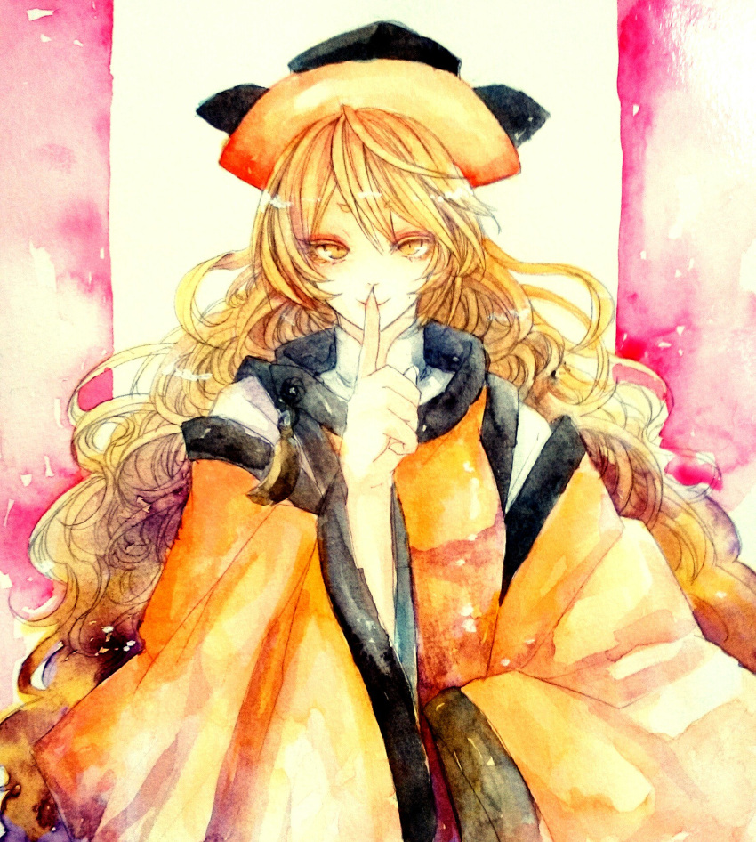 1girl blonde_hair finger_to_mouth hat highres kido5899 long_hair looking_at_viewer matara_okina simple_background solo tabard touhou wavy_hair yellow_eyes