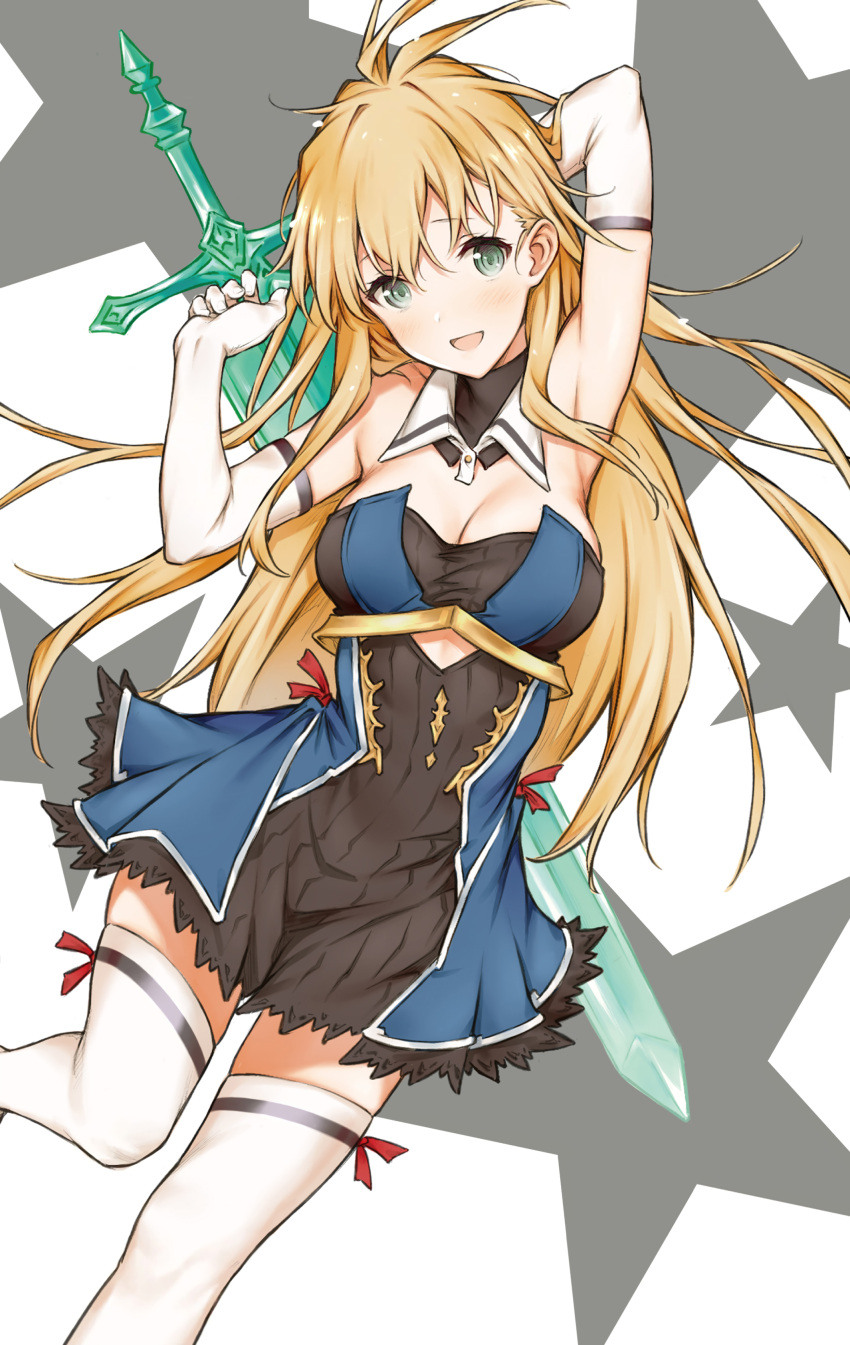 1girl :d absurdres ahoge arm_behind_head armpits arms_up bare_shoulders blonde_hair breasts cleavage cosplay detached_collar dress dutch_angle elbow_gloves gamers! gloves granblue_fantasy green_eyes highres large_breasts long_hair looking_at_viewer open_mouth short_dress sidelocks simple_background smile solo star sword tendou_karen the_order_grande the_order_grande_(cosplay) thigh-highs underbust very_long_hair weapon white_gloves white_legwear zettai_ryouiki
