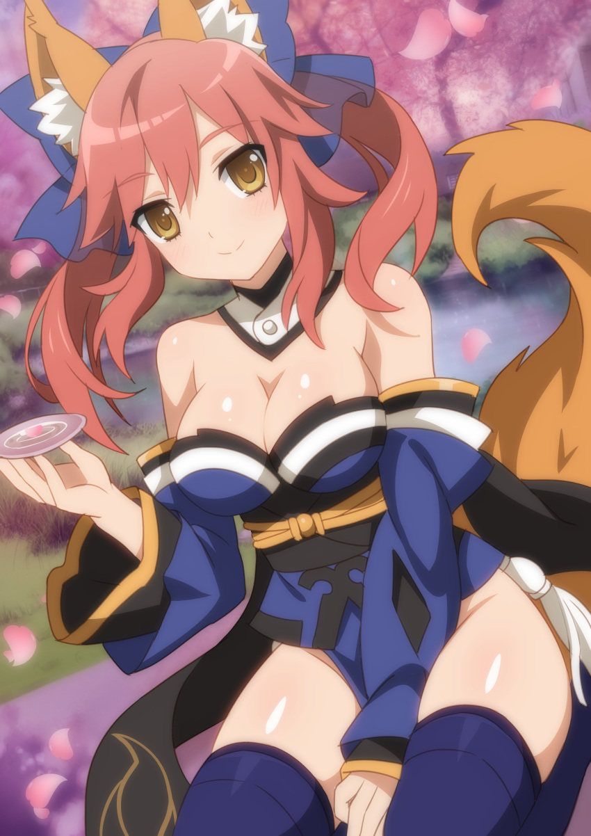 10s 1girl absurdres alcohol animal_ears blue_legwear blush breasts cherry_blossoms cleavage cup detached_sleeves fate/extra fate/extra_ccc fate/grand_order fate_(series) fox_ears fox_tail hair_ribbon highres large_breasts light_smile looking_at_viewer no_panties outdoors petals pink_hair ribbon sakazuki sake solo tail tamamo_(fate)_(all) tamamo_no_mae_(fate) tree wanaca water yellow_eyes